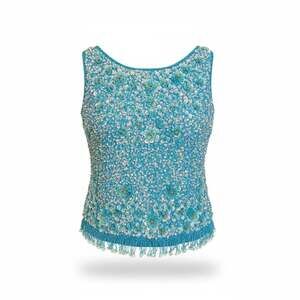 1960s Royal Cathay Turquoise Blue Beaded Sequin Fringe Tank, Size 40, Women’s